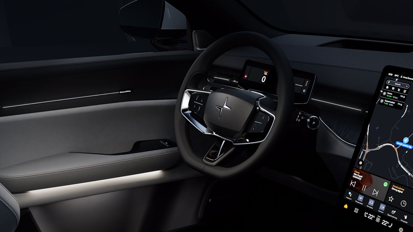 Polestar 3’s interior in a dark background lit up with its white, ambient interior lighting