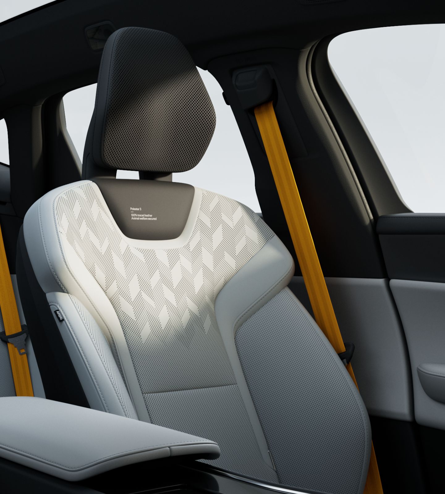 Angled view of a white Polestar 3 driver seat with a black headrest and Swedish gold seat belts.