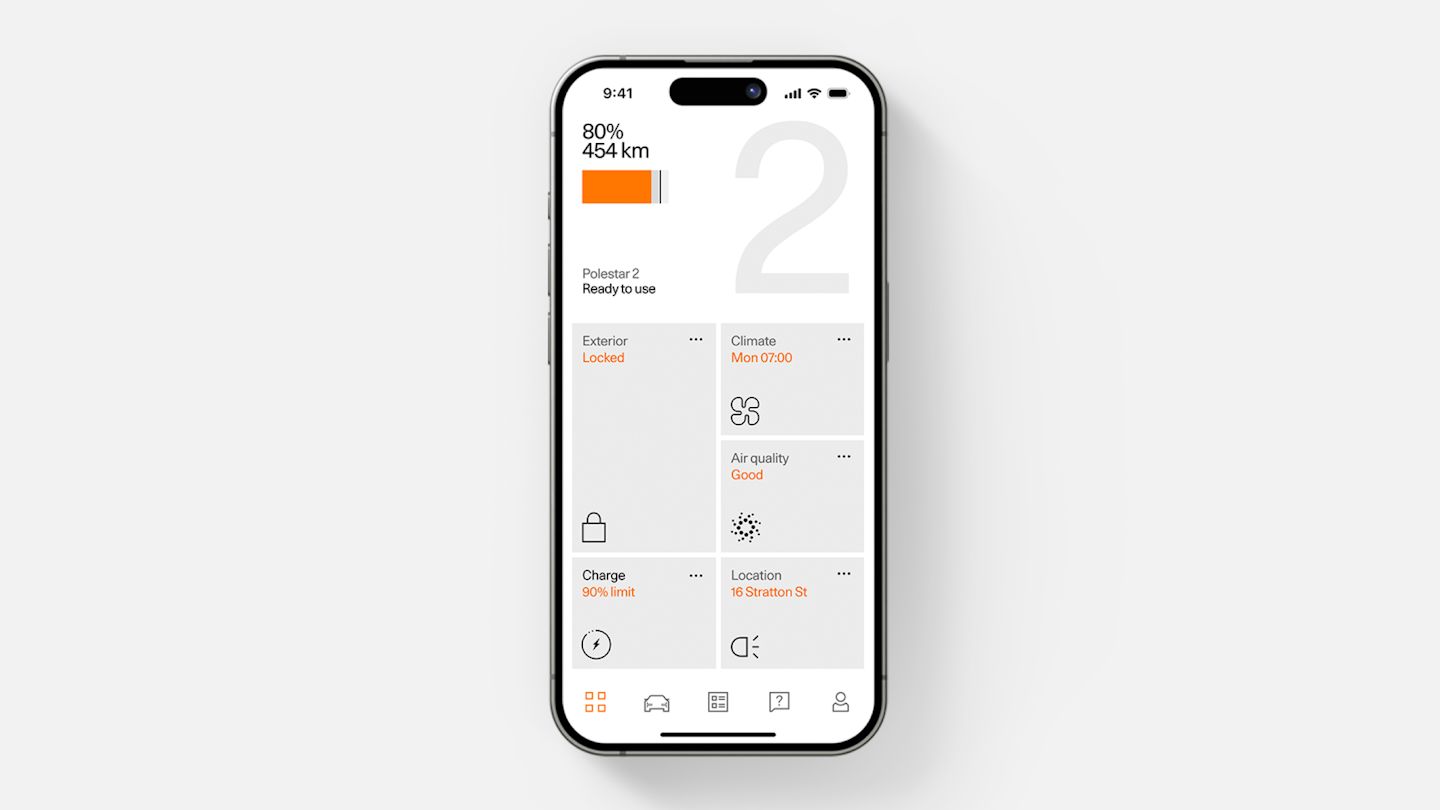 An iPhone whith the Polestar app showing the charge level and various home screen tiles.
